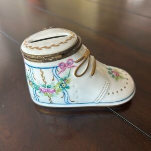 Limoges White Ceramic Baby Shoe Bank with Floral Accents